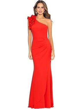 Xscape Ruffle One-Shoulder Scuba Crepe Gown Red - size 14 - NEW
